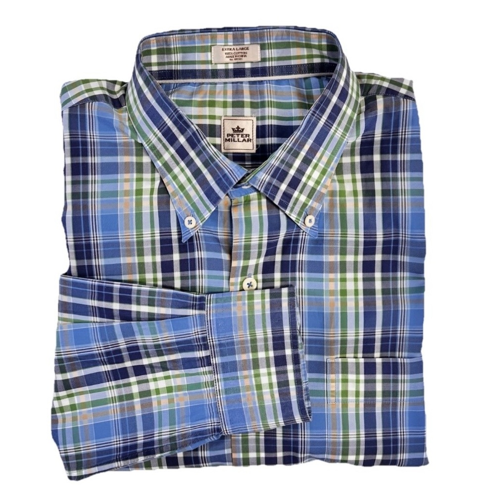 Peter Millar Blue Green White Plaid Cotton Button Down EUC XL